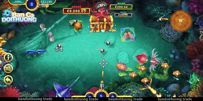 Người chơi sử dụng súng laser để bắn đàn cá lớn trong game bắn cá.
